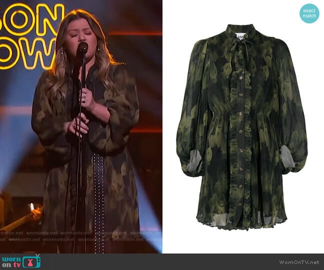 Ganni Pleated Georgette Balloon-sleeve Dress worn by Kelly Clarkson on The Kelly Clarkson Show