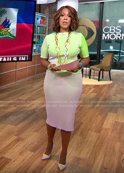 Gayle King’s green and pink ribbed top and skirt set on CBS This Morning
