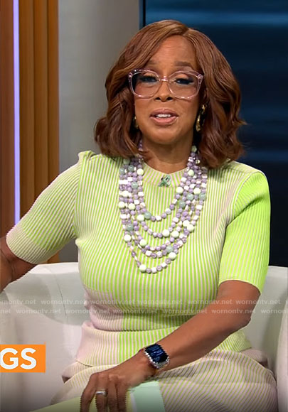 Gayle King’s green and pink ribbed top and skirt set on CBS This Morning