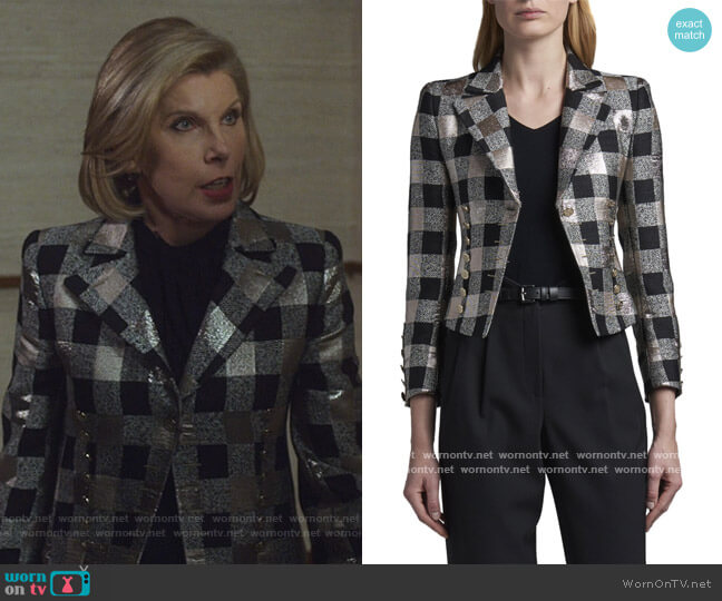 Giorgio Armani Bold-Checked Metallic Jacket worn by Diane Lockhart (Christine Baranski) on The Good Fight
