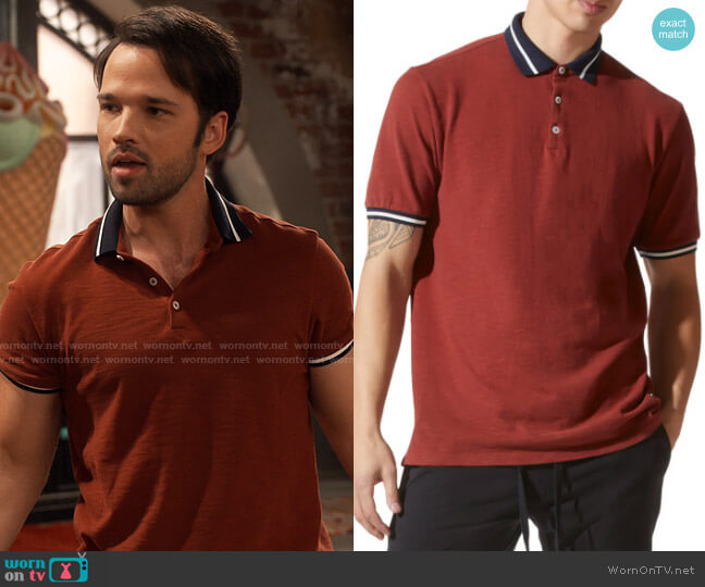 Good Man Brand Match Point Tipped Slub Short Sleeve Polo in Brandy worn by Freddie Benson (Nathan Kress) on iCarly