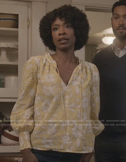 Grace’s yellow floral tie neck blouse on All American