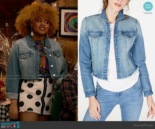 INC International Concepts Cropped Rhinestone Jean Jacket worn by Kourtney (Dara Renee) on High School Musical The Musical The Series