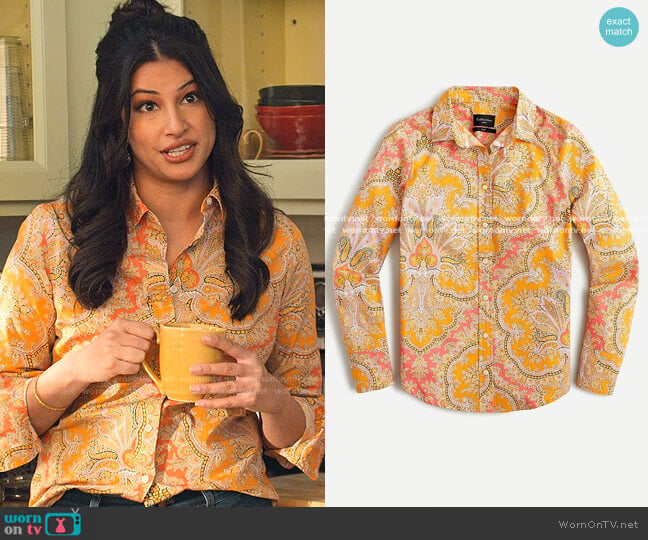 J. Crew Collection Slim Perfect Shirt in Ratti® paisley worn by Kamala (Richa Moorjani) on Never Have I Ever