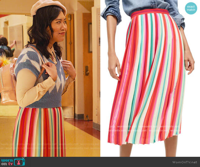 J. Crew Sunburst pleated skirt in watermelon stripe worn by Eleanor Wong (Ramona Young) on Never Have I Ever