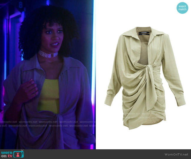 Jacquemus Bahia Knotted Twill Shirtdress worn by Sondi Hill (Corbin Reid) on Run the World