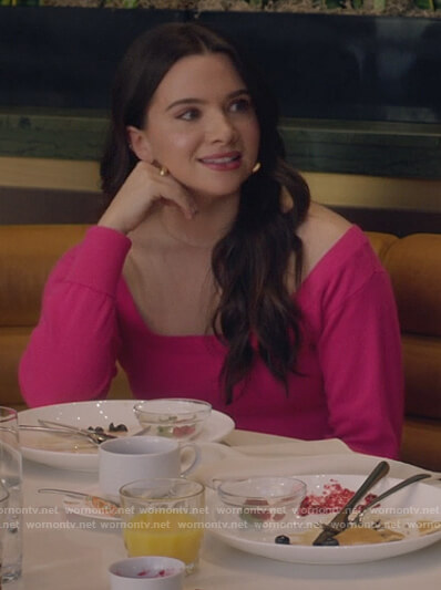 Jane’s pink off shoulder sweater on The Bold Type