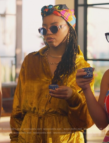 Jazlyn’s gold velvet romper on Grown-ish