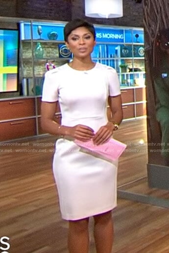 Jericka Duncan’s light pink short sleeve dress on CBS Mornings