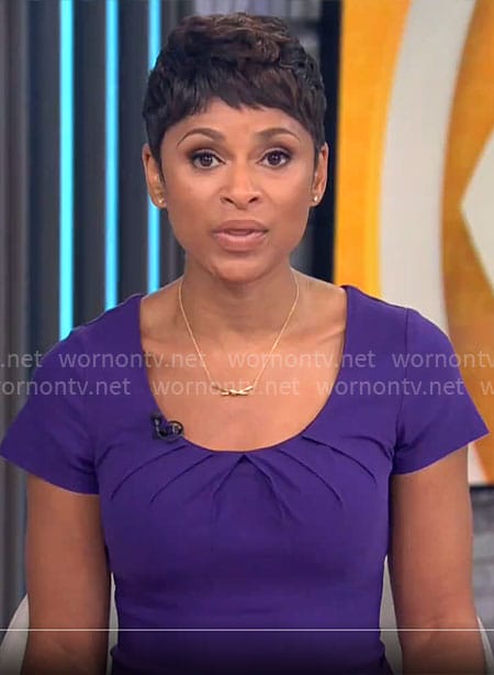 Jericka Duncan’s purple pleated neckline dress on CBS This Morning