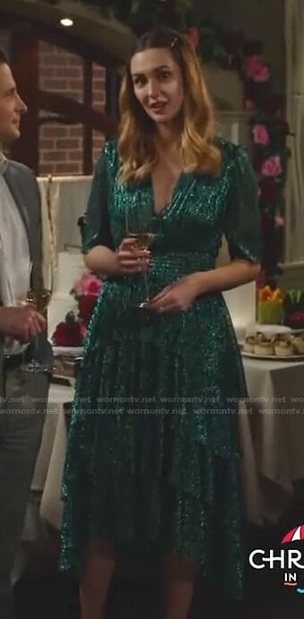 Joy’s green metallic tiered dress on Good Witch