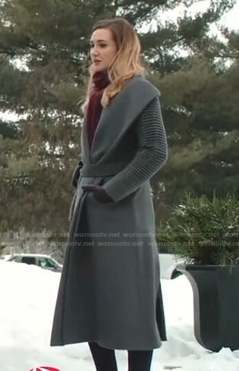 Joy’s grey ribbed sleeve wrap coat on Good Witch