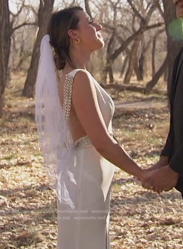 Katie’s white pearl embellished strap gown on The Bachelorette