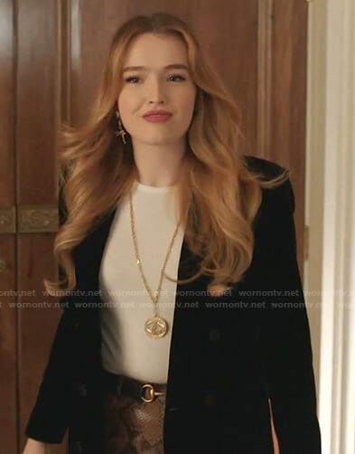 Kirby’s black velvet blazer and snake print pants on Dynasty