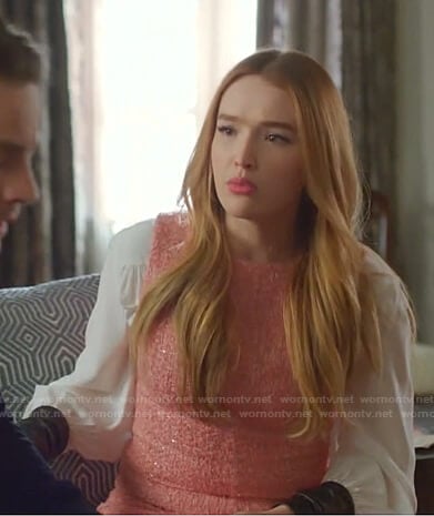Kirby’s leather cuff blouse and pink tweed dress on Dynasty