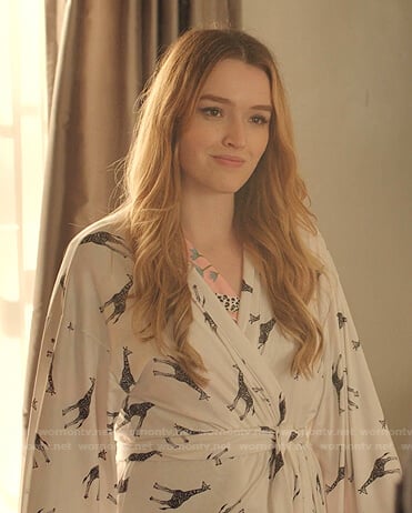 Kirby’s pink printed pajamas and giraffe robe on Dynasty