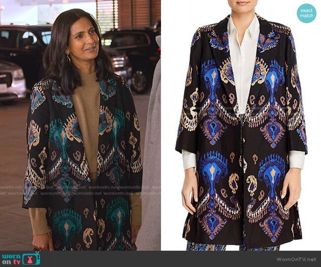 Kobi Halperin Paige Embroidered Coat worn by Nalini Vishwakumar (Poorna Jagannathan) on Never Have I Ever