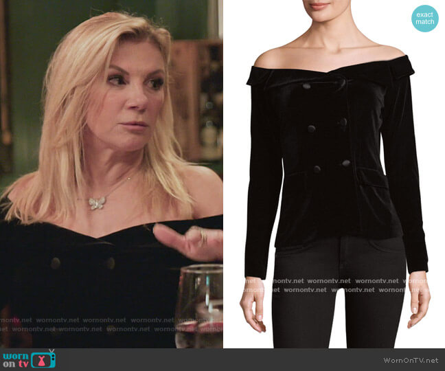 L'Agence Stephan Double-Breasted Off-The-Shoulder Jacket worn by Ramona Singer on The Real Housewives of New York City