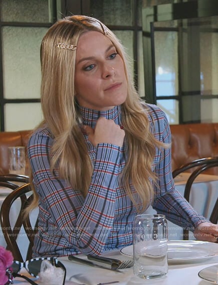 Leah’s blue plaid turtleneck top on The Real Housewives of New York City