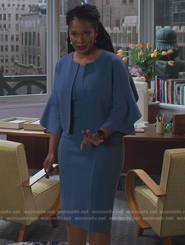Liz’s ruffle sleeve blazer and midi dress on The Good Fight
