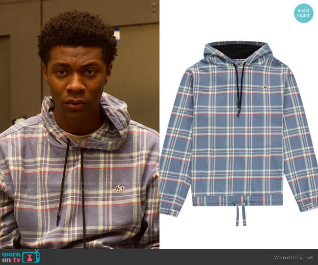Lost Backside Flannel Hoodie in Denim Blue worn by Pope (Jonathan Daviss) on Outer Banks