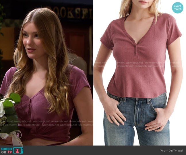 Lucky Brand Pointelle V-Neck Henley worn by Alice Caroline Horton (Lindsay Arnold) on Days of our Lives