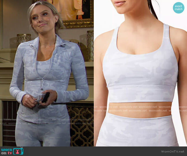Lululemon Energy Bra in Incognito Camo Alpine White Multi worn by Abby Newman (Melissa Ordway) on The Young and the Restless