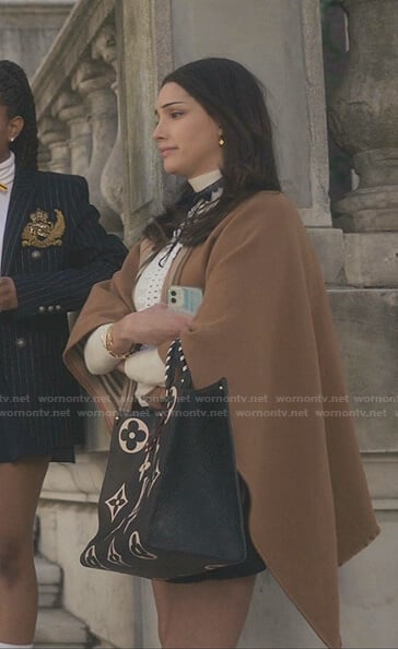 Luna’s beige cape and black monogram print tote bag on Gossip Girl