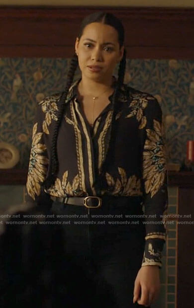 Macy’s feather print button down blouse on Charmed