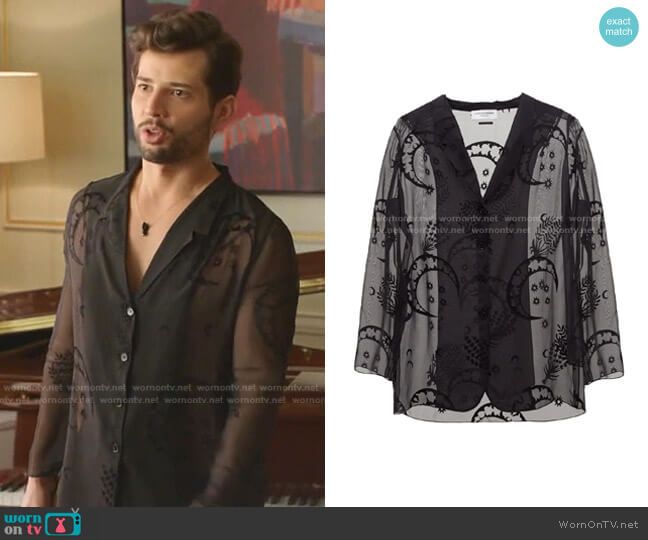 Marine Serre Moon-embroidered Silk-Blend Shirt worn by Sam Flores (Rafael de la Fuente) on Dynasty