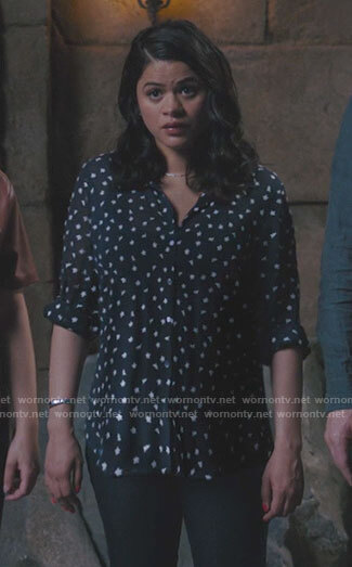 Mel’s navy floral button down blouse on Charmed