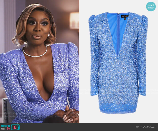Missguided Peace and Love blue sequin plunge mini dress worn by Wendy Osefo on The Real Housewives of Potomac