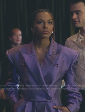 Monet’s purple cropped blazer and pants on Gossip Girl
