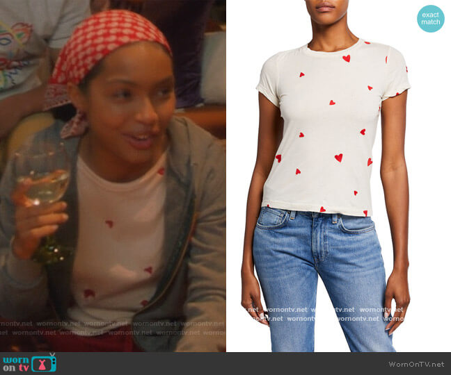 Monrow Allover Embroidered Hearts Tee worn by Zoey Johnson (Yara Shahidi) on Grown-ish