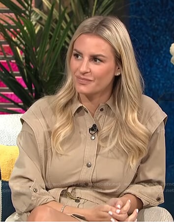 Morgan’s beige belted shirtdress on E! News Daily Pop