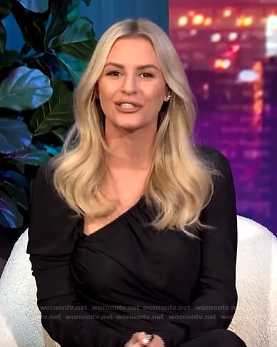 Morgan’s black asymmetric ruched dress on E! News Nightly Pop