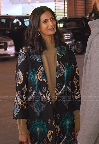 Nalini’s black embroidered coat on Never Have I Ever