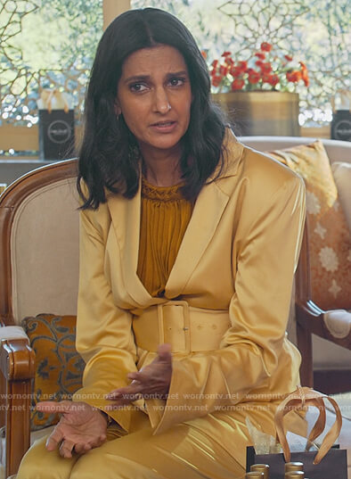 Nalini’s yellow satin belted blazer on Never Have I Ever