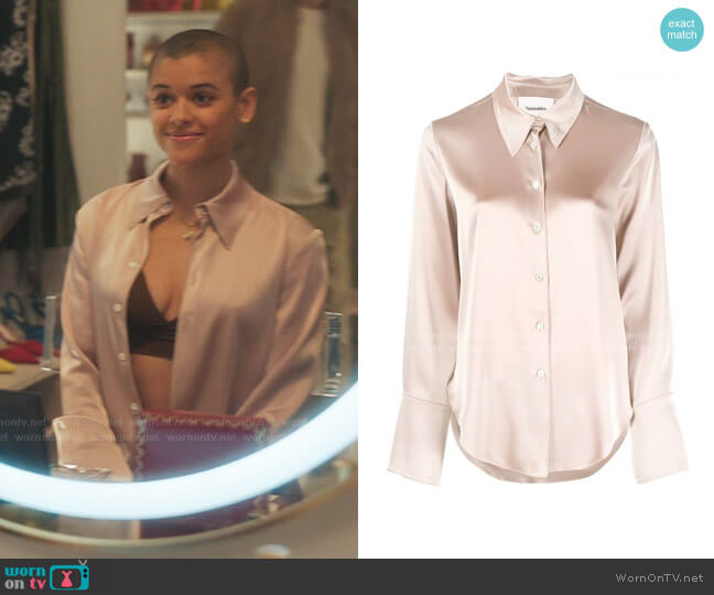 Nanushka Mandine curved hem shirt worn by Julien Calloway (Jordan Alexander) on Gossip Girl