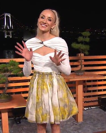 Nastia Liukin’s white cutout top and print skirt on Today