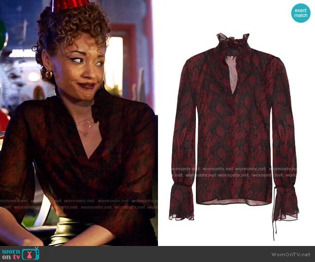 Nili Lotan Demi ruffle-trimmed snake-print silk-chiffon blouse worn by Astra Logue (Olivia Swann) on Legends of Tomorrow