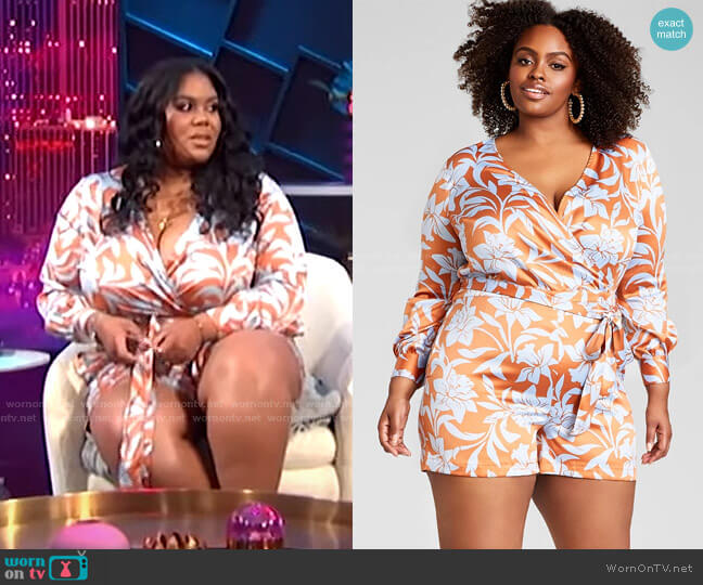 Nina Parker Trendy Plus Size Satin Romper worn by Nina Parker on E! News