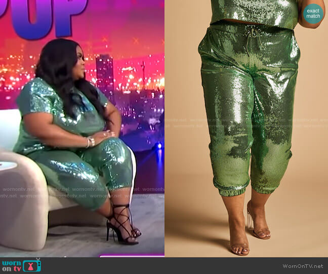 Nina Parker Trendy Plus Size Sequin Joggers worn by Nina Parker on E! News