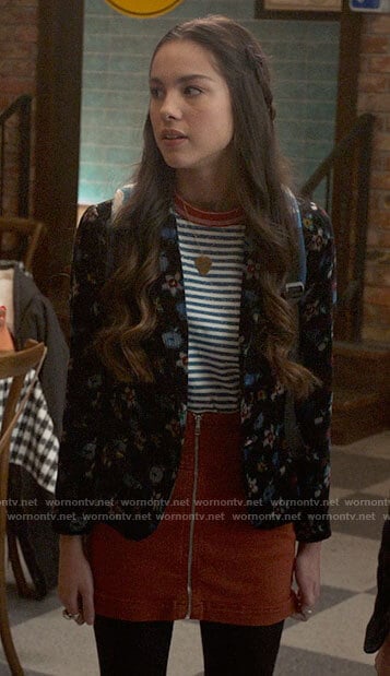 Nini’s floral velvet blazer and zip front skirt on High School Musical The Musical The Series