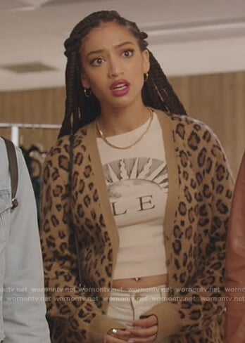 Olivia’s leopard cardigan and printed tee on All American