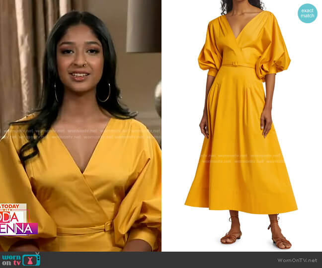 Oscar de la Renta Puff-Sleeve Belted Midi Dress
