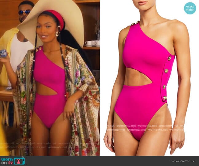 OYE Swimwear Rhea One-Shoulder Asymmetric Cutout One-Piece Swimsuit worn by Zoey Johnson (Yara Shahidi) on Grown-ish