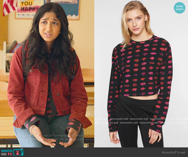 Pam and Gela Lip Print Slouchy Crop Tee Shirt worn by Devi Vishwakumar (Maitreyi Ramakrishnan) on Never Have I Ever