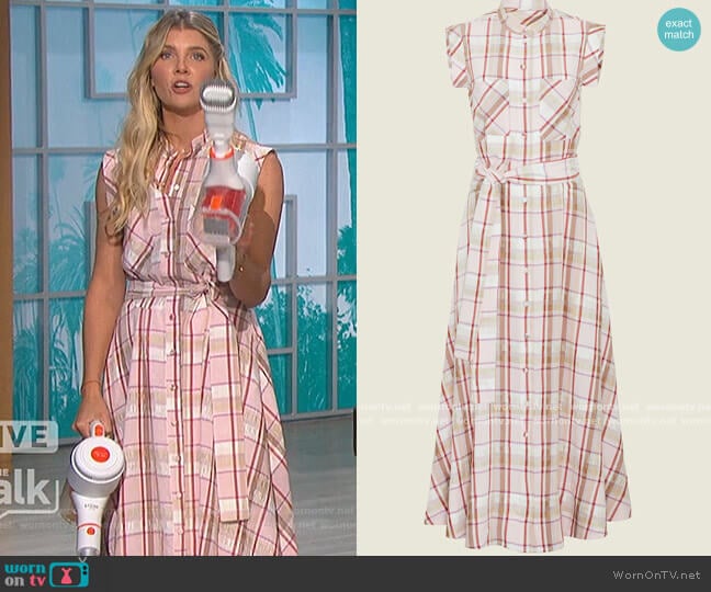 Pearl by Lela Rose Plaid Crepe Belted Midi Dress worn by Amanda Kloots on The Talk