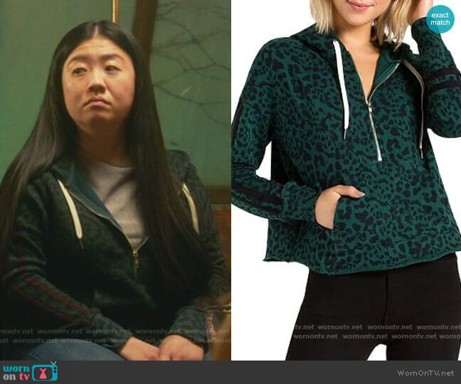 n:philanthropy Hickory Jaguar-Print Half-Zip Hooded Sweatshirt worn by Alice Kwan (Sherry Cola) on Good Trouble
